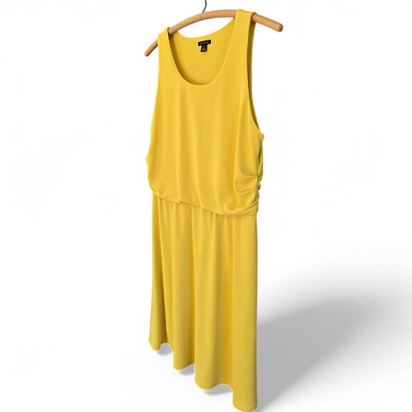Ann Taylor Mustard Yellow Sleeveless Midi Dress Ruched Waist Detail Medium - Picture 3 of 9